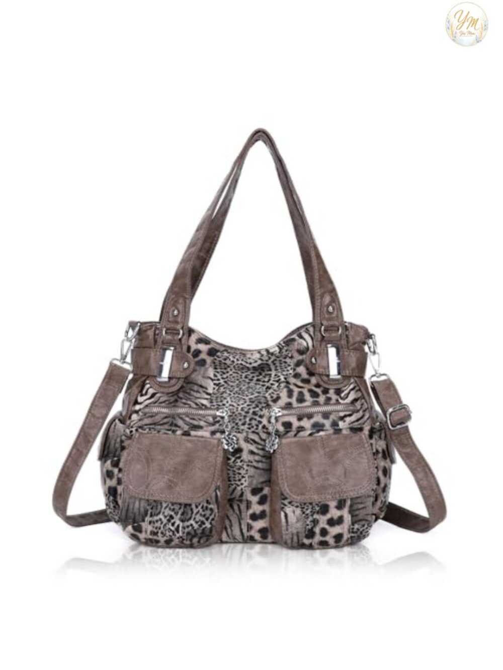Washed PU Leather Tote Bag Large Multi Pocket Double Zipper Shoulder Crossbody